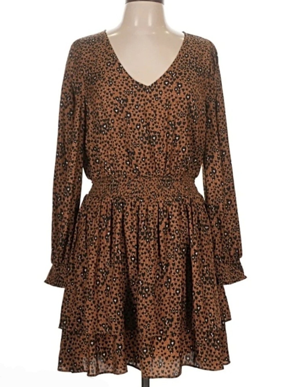 Leopard Print Long-Sleeve Tiered Dress in Brown